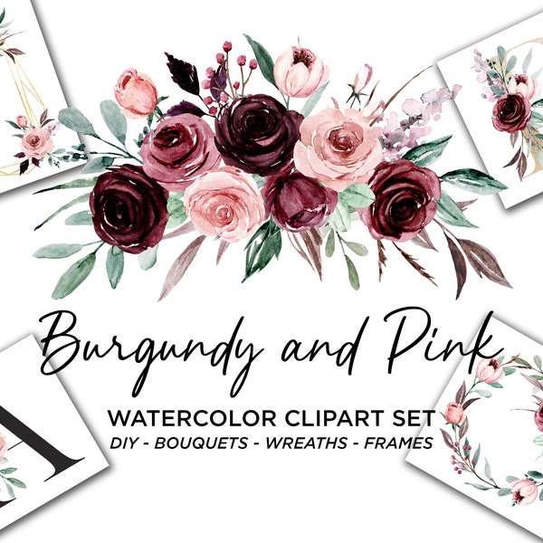 Watercolor Burgundy and Pink Flowers Set -  Burgundy Watercolor Flowers, Blush Watercolor Flowers, Watercolor Floral Clipart, Watercolor