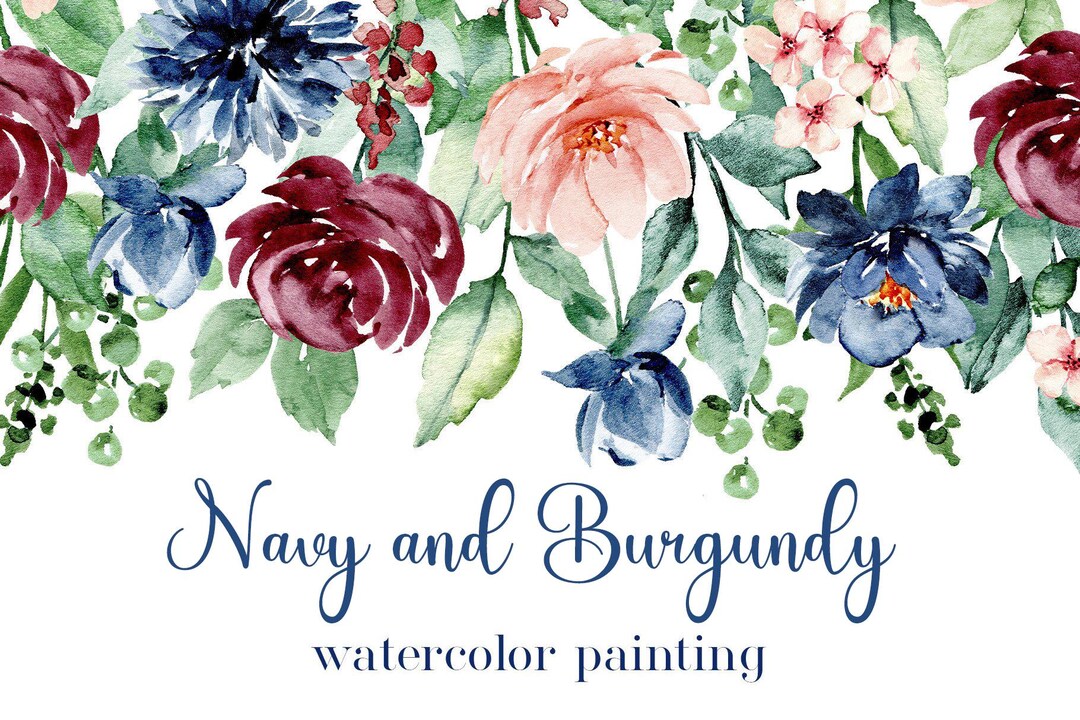 Watercolor Navy and Burgundy Garden Bloom Flowers Set - Burgundy Blush ...