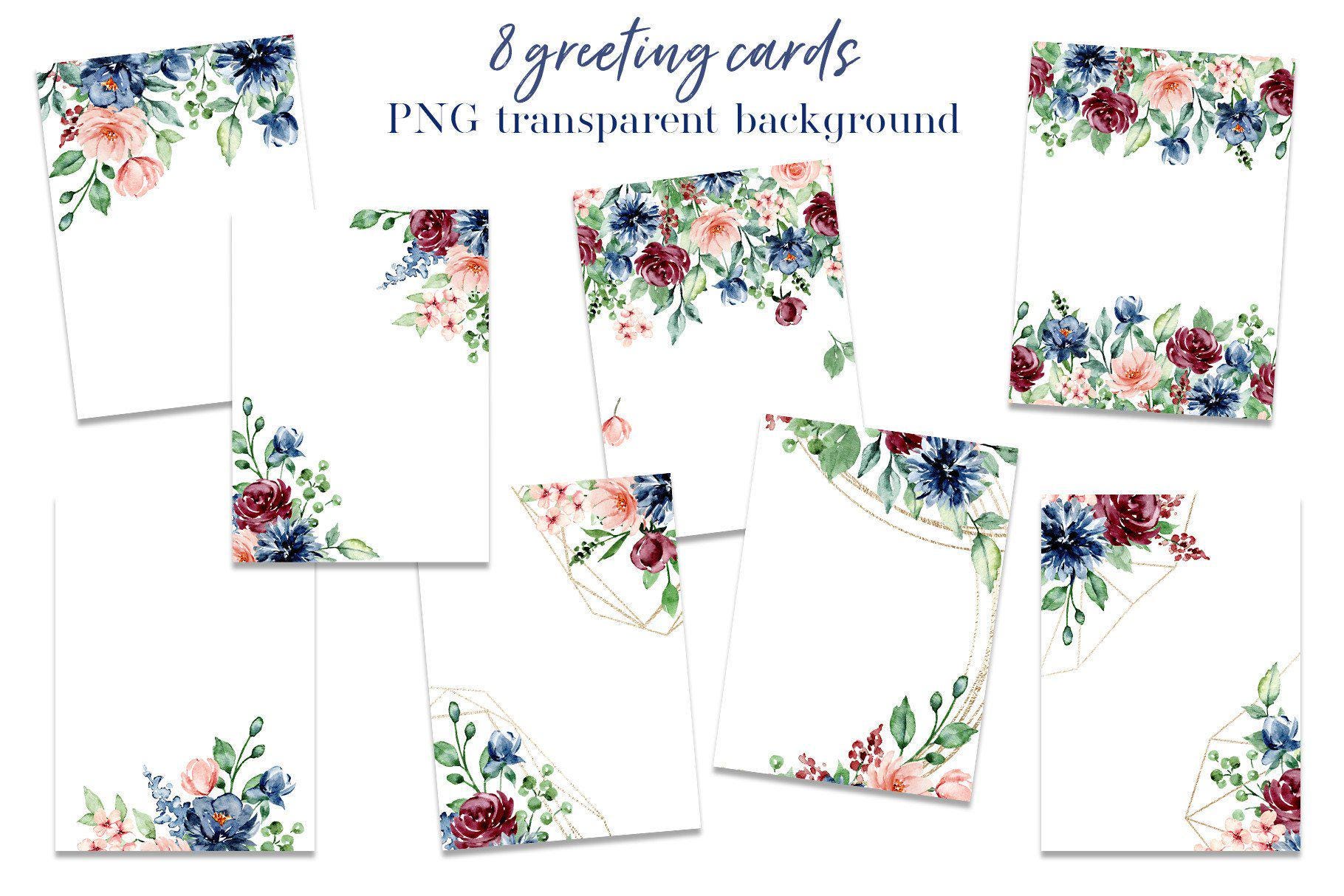 Watercolor Navy and Burgundy Garden Bloom Flowers Set - Burgundy Blush ...
