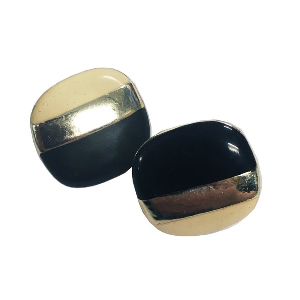 Vintage Black, White and Gold Square Clip On Earrings from the 1980's