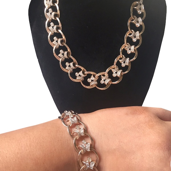 Vintage Gold and Diamond Chain Necklace and Bracelet Set from the 1960's