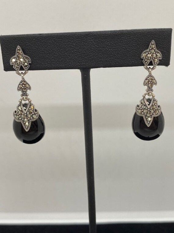 Onyx and Silver Marcasite Pierced Earrings - image 2