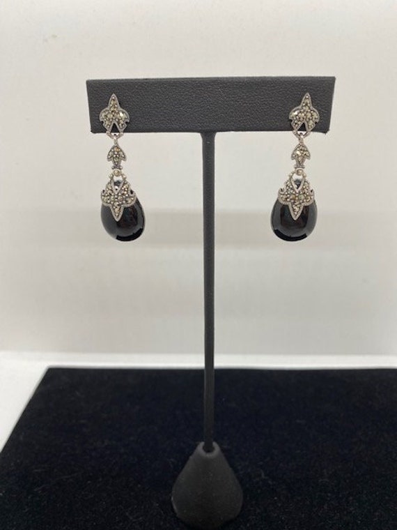 Onyx and Silver Marcasite Pierced Earrings - image 1