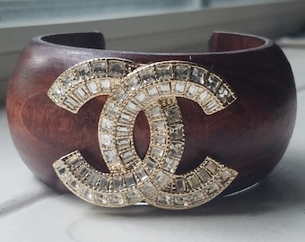 CC Brooch Repurposed into Open Wood Cuff Bracelet