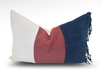 Pillow Cover, Lumbar, Fourth of July, Color Block, Fringed, Natural Mudcloth, Vintage Indigo, Boho, Farmhouse, Coastal, Throw Pillow, 18x12