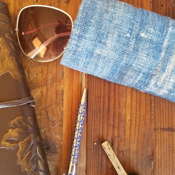 Sunglasses Case, Glasses Case, Vintage, Fabric, African Mossi, Mudcloth, Indigo, Faded, Blue
