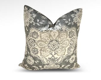 Pillow Cover, Floral, Gray/Cream, Farmhouse, Cottage, Coastal, Beachy, Throw Pillow, 16 x 16