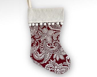 Christmas Stocking, Designer, Pom Poms, Paisley, Red, White, Traditional Decoration, Festive, Christmas Gift
