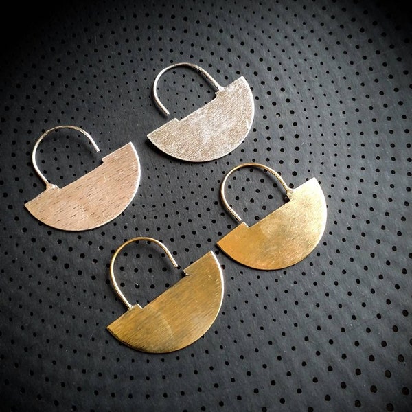 Brass Or Silver Plated Mapuche Design Earrings-Medium Size-Brush Effect-Minimalist Design-Ethnic Earrings-Mapuche Heritage Jewelry