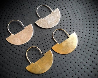 Brass Or Silver Plated Mapuche Design Earrings-Medium Size-Brush Effect-Minimalist Design-Ethnic Earrings-Mapuche Heritage Jewelry