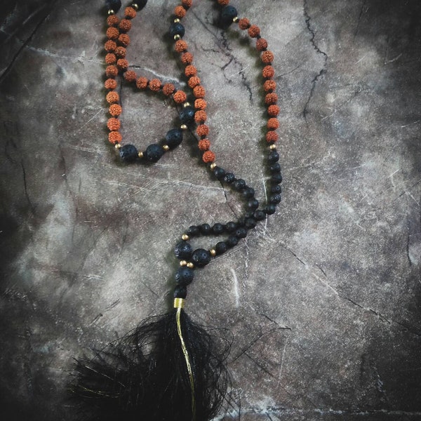 Mala Necklace Rudrakshas and Lava Beads - 108 Beads-Organic Jewelry-Tibetan Monk Jewels-Black Silk Tassel with Gold-Traditional-Buddhist