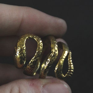 May include: A gold-colored ring shaped like a coiled snake. The ring is detailed with scales and has a textured finish.