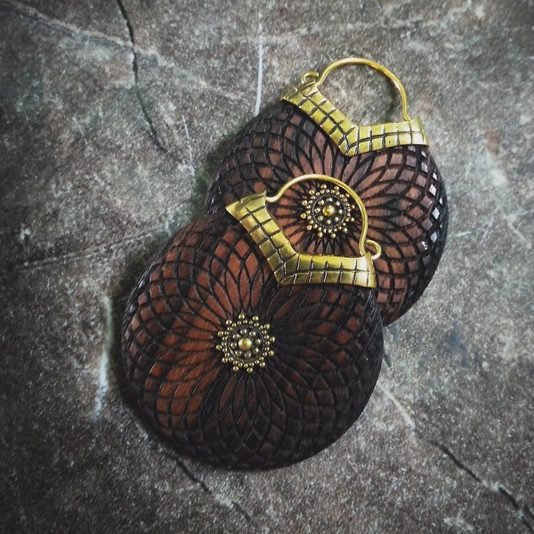 Brass and Wood Crop Circle Design Earrings-Lasercut-Sacred Geometry-Boho Jewel-New Co-Mandala Earrings-Tribal Inspiration-Geometric Pattern