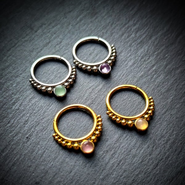 316L Steel Gold PVD Ethnic Design Variant Gem Unisex Septum Helix Piercing-1.2x10mm-New Co-Amethyst Piercing-Pink Quartz-Tribal Fusion Jewel