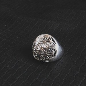 Peut inclure: Une bague en argent avec un motif géométrique. La bague est en métal et a une forme ronde. Le motif est complexe et détaillé.