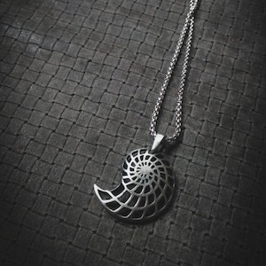 Peut inclure: Un collier en argent avec un pendentif en spirale détaillé et complexe. Le pendentif est un motif géométrique qui ressemble à une coquille.