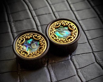 Arang Wood Brass Ornamental Pattern Abalone Shell Ears Plugs-New Collection-Unisex Jewels-Stretched Ears-Body Modification-Ethnic Inspired