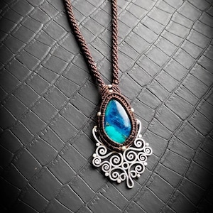 Silver Plated Art Deco Pendant Azurite Necklace-New Collection-Boho Jewels-Lace Pattern-Floral Design-Unisex Jewels-Cosplay Jewels-Pixie
