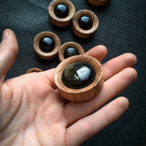 Olive Wood Gold Obsidian Ears Plugs-Large Size Only-Black Gems-Organic Jewelry-Boho-Stretched Ears-Obsidian Jewels-Body Modification-New