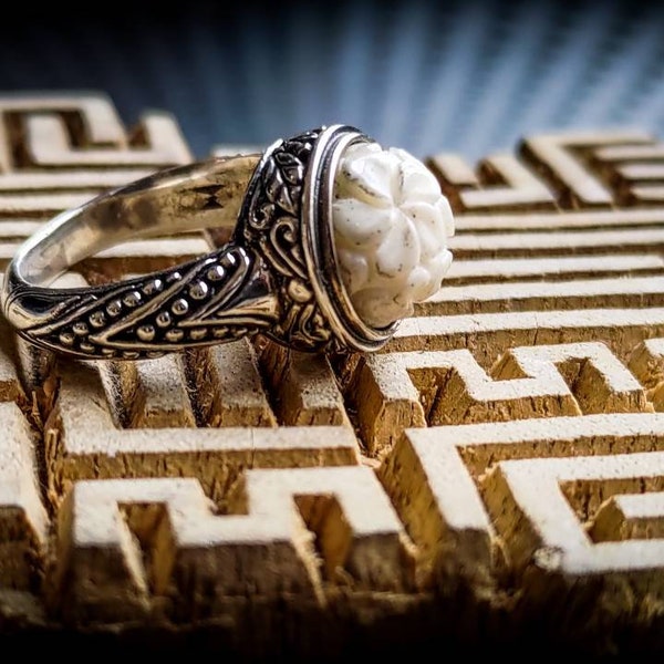 Silver 925 Ornamental Pattern Carved Cow Bone Flower Unisex Ring-Unique Silversmith-Chic Design Ring-New Collection-Silver Jewels-Unique