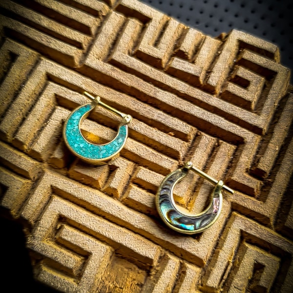 Brass Thick Turquoise or Abalone Unisex Septum Piercing-New Co-1.2x8mm-Both Sides-Ethnic Jewels-Tribal Design-Body Modification-Piercing