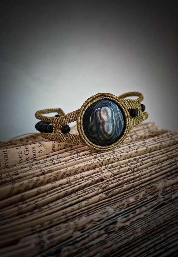 Micro Macrame Gold Psilomelane Lava Beads Unisex Unique Bracelet