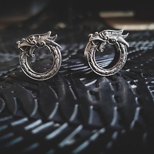 May include: A pair of silver dragon-shaped ear gauges. The gauges are circular and feature a detailed dragon design.