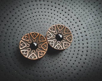 Teak Wood Geometric Pattern Onyx Ears Plugs-New Collection-Unisex Jewelry-Stretched Ears-Body Modification-Black Gem-Tribal Ears Plugs-New