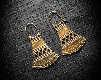 Engraved Brass or Silver Plated Mapuche Design Earrings-South American Tribe-Ethnic Jewelry-Goddess Earrings-Medium Size-Heritage Jewelry