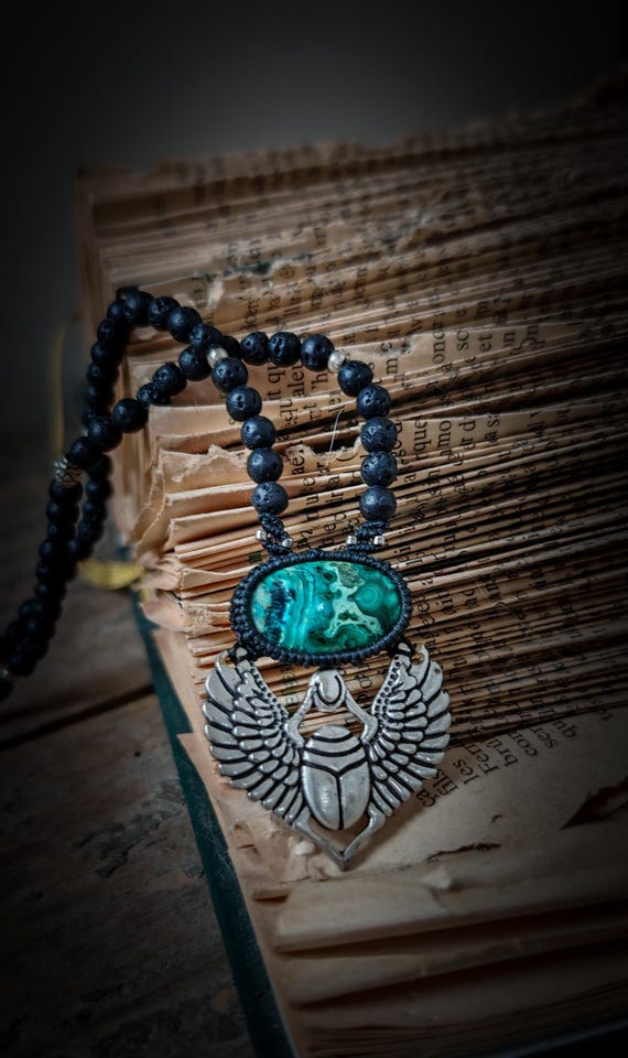Silver Plated Egyptian Beetle Chrysocolla Malachite Lava Mala Necklace Inspired-New Co-Unisex Jewels-Tribal-Boho Jewels-Geometric