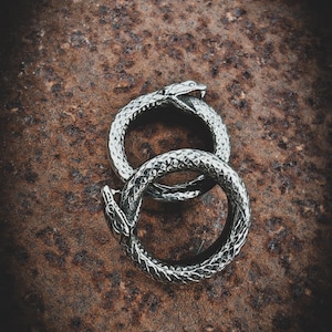 May include: Two silver rings, each shaped like a serpent biting its own tail, creating a circular form. The rings are detailed with scales and sit on a textured, rusty brown surface. The rings are a symbol of eternity.