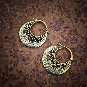 Brass Half Hammered Ornamental Pattern Medium Size Hoops Earrings-New Co-Tribal Jewel-Elegant Earrings-Boho-Design Jewels-Tribal Fusion