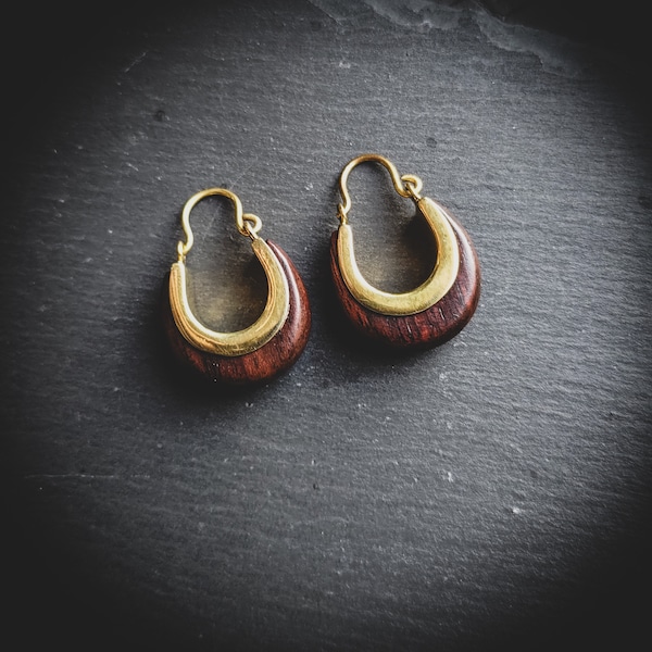 Brass Sono Wood Mini Hoops Earrings-New Co-Boho Jewels-Organic Earrings-Minimalist Design-Ethnic Jewels-Unisex-Tribal Earrings-Wood Jewels