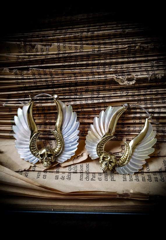 Brass Skull Mother of Pearl Wings Hoops Earrings-silver 925