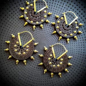 Brass Carved Arang Wood Geometric Pattern Spikes Hoops Tribal Earrings- 2 Designs Available-Ethnic Earrings-Organic Jewels-Aztec Print