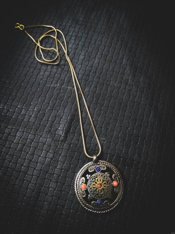 Bronze Nepali Filigrane Double Side Pendant with Chain Ohm Mandala  -Cross- Lapis Lazuli- Reconstitued Red Coral- Boho- Yoga- Zen- Amulet - Main Image