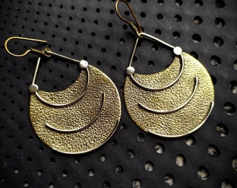 Brass with Silver Plated Hammered Medium Size Hoops Mapuche Ethnie Earrings-New Collection-Ethnic Design-South American Jewels-Boho Earrings