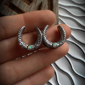 May include: Two silver horseshoe-shaped earrings with a textured surface and a small opal gemstone in the center of each.