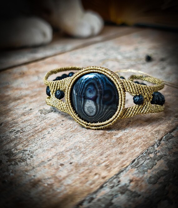 Micro Macrame Gold Psilomelane Lava Beads Unisex Unique Bracelet