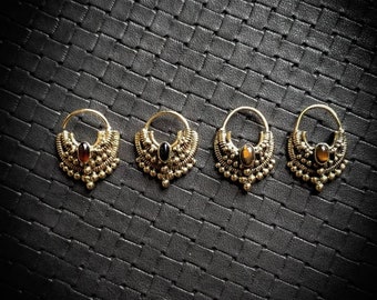 Brass Rajasthani Septum/Helix/Earrings with Stones-Garnet-Onyx-Tiger Eye-Boho Jewelry-Ethnic Design Jewelry-Tribal Fusion Jewels-Piercing