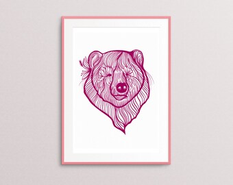 Bear Art print, line Art, bear illustration, Giclee Illustration Art, A3/A4 illustration Art, Wall Art, Home Decor Art, Decor Prints, Bear
