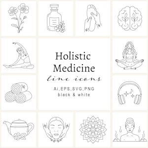 Op de afbeelding: Een set van 16 zwart-witte lijntekeningen die holistische geneeswijzen voorstellen. De iconen omvatten yoga, meditatie, acupunctuur, aromatherapie, massage en meer.