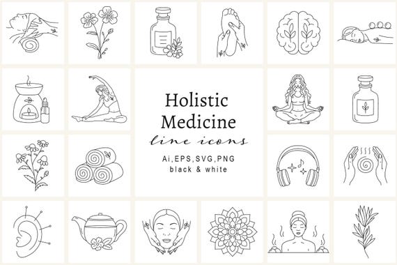 Holistic Medicine Line Icon Set | Yoga, Self-Care, Alternative Healing | Hand drawn Illustrations | Medical SVG | Wellness Set | Beauty PNG