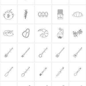 Puede incluir: Un conjunto de 30 dibujos en blanco y negro de varios ingredientes alimenticios y utensilios de cocina. Las im&aacute;genes incluyen pan, huevos, queso, pescado, romero, chocolate, croissant, carne, gambas, aceite de oliva, perejil, cucharas de madera, esp&aacute;tulas, batidores, pinzas, cuchillos y un cortador de pizza.