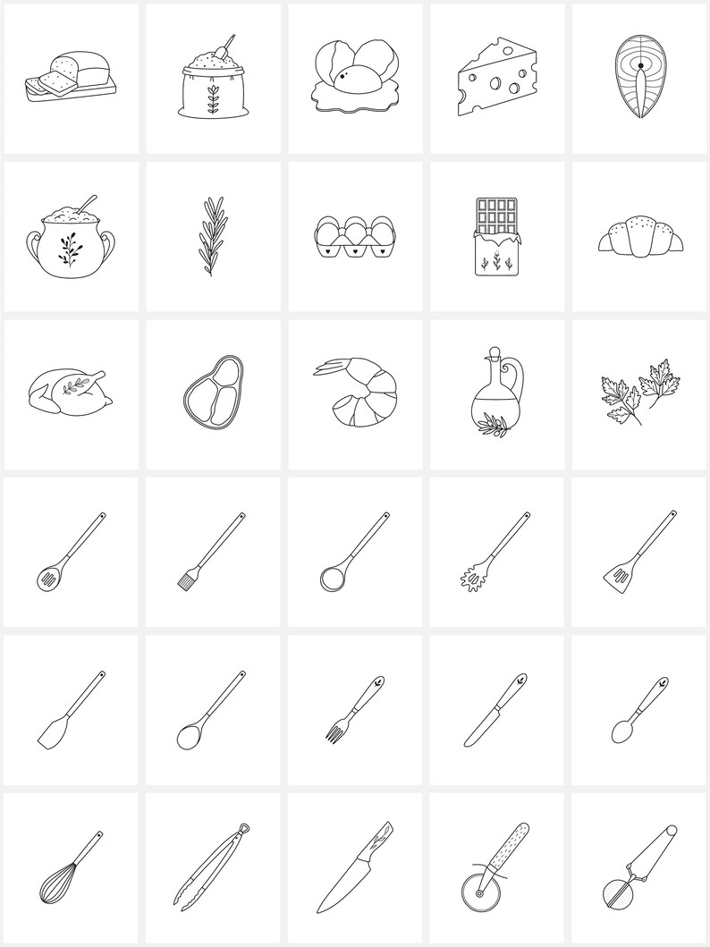 Puede incluir: Un conjunto de 30 dibujos en blanco y negro de varios ingredientes alimenticios y utensilios de cocina. Las im&aacute;genes incluyen pan, huevos, queso, pescado, romero, chocolate, croissant, carne, gambas, aceite de oliva, perejil, cucharas de madera, esp&aacute;tulas, batidores, pinzas, cuchillos y un cortador de pizza.