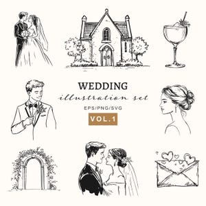 Paquete de ilustraciones elegantes para bodas, gráficos florales y de lugares para invitaciones, señalización, marca, vectores editables, conjunto SVG para el día de San Valentín