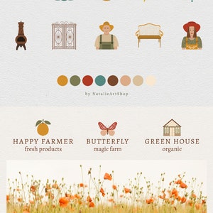 May include: A set of 10 digital illustrations featuring farm and nature themes. The illustrations include a sun, moon, clouds, rain, a fireplace, a gate, a farmer, a bench, a woman, and a color palette. The illustrations are in a vintage style with muted colors.