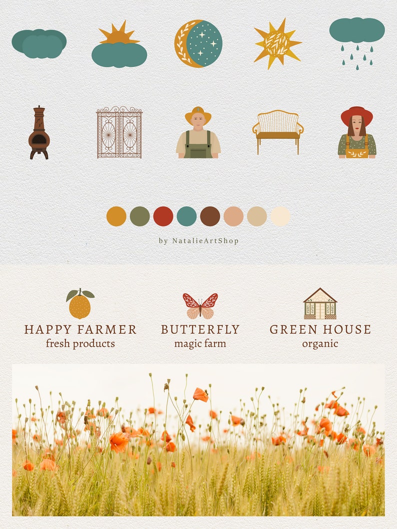May include: A set of 10 digital illustrations featuring farm and nature themes. The illustrations include a sun, moon, clouds, rain, a fireplace, a gate, a farmer, a bench, a woman, and a color palette. The illustrations are in a vintage style with muted colors.