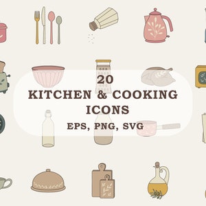 Może przedstawiać: Zestaw 20 ikon kuchennych i kulinarnych w stylu rysowanym ręcznie. Ikony obejmują toster, miskę, tarkę, kurczaka, kuchenkę mikrofalową, patelnię, butelkę, garnek, przepis, wyciskarkę do cytrusów, klosz, deskę do krojenia, butelkę oliwy z oliwek i nożyczki.