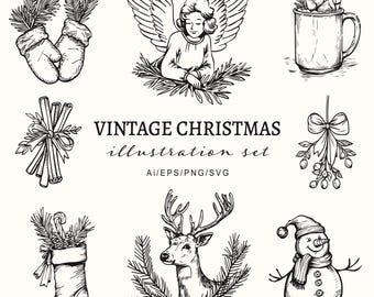 May include: A set of vintage Christmas illustrations in black and white. The illustrations include a reindeer, a snowman, a stocking, a mug of hot chocolate, a pair of mittens, a bundle of cinnamon sticks, a sprig of mistletoe, and an angel with wings.